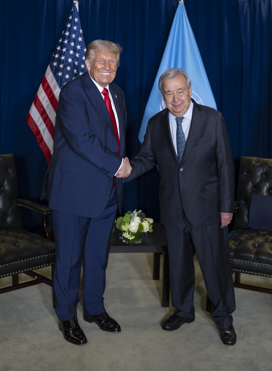 President Donald J. Trump meets with the Secretary-General of the UN, @AntonioGuterres.

"I may disagree with [the UN] sometimes, but... I think the potential for peace with this institution is so great."
