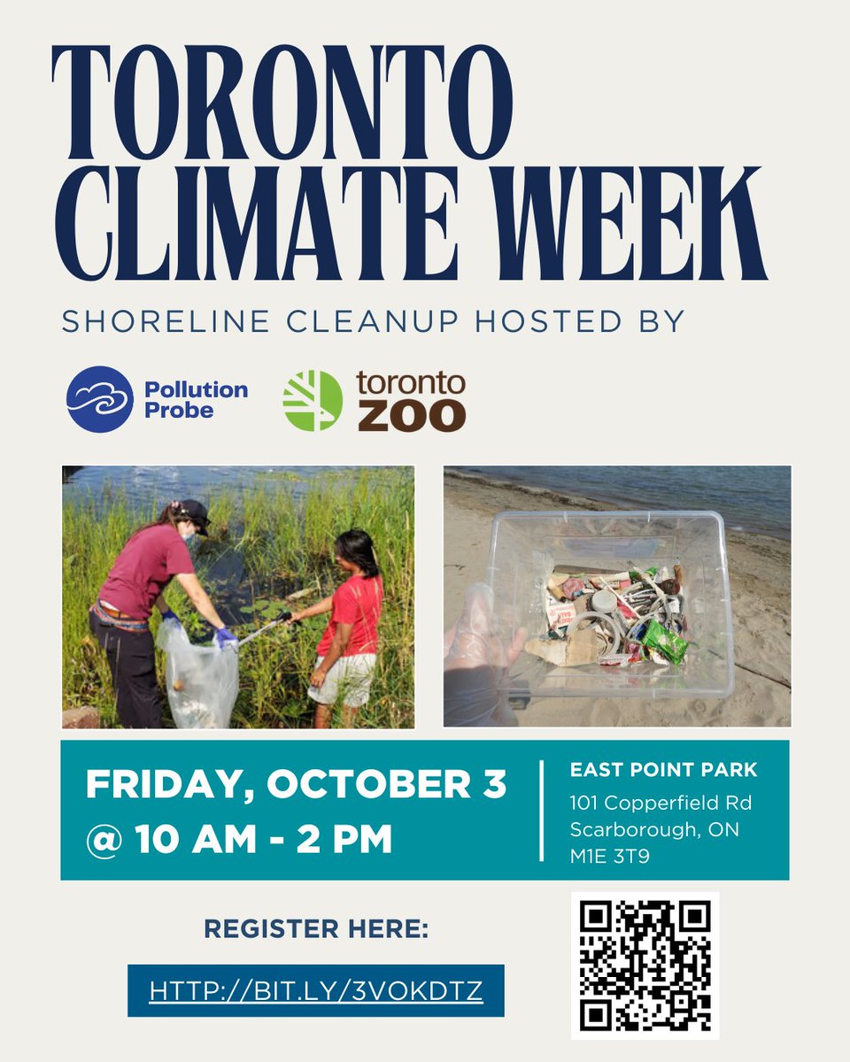 PollutionProbe's tweet photo. This #TorontoClimateWeek, take action close to home!

Join us &amp; @TheTorontoZoo for a shoreline cleanup! Meet like-minded community members &amp; help keep #pollution out of the #GreatLakes🐟

📍 East Point Park, Scarborough
🗓️ Fri, Oct 3 | 10am–2pm
👉 Sign up https://t.co/OjtXeSGiWI https://t.co/AQ0IgUbFAm