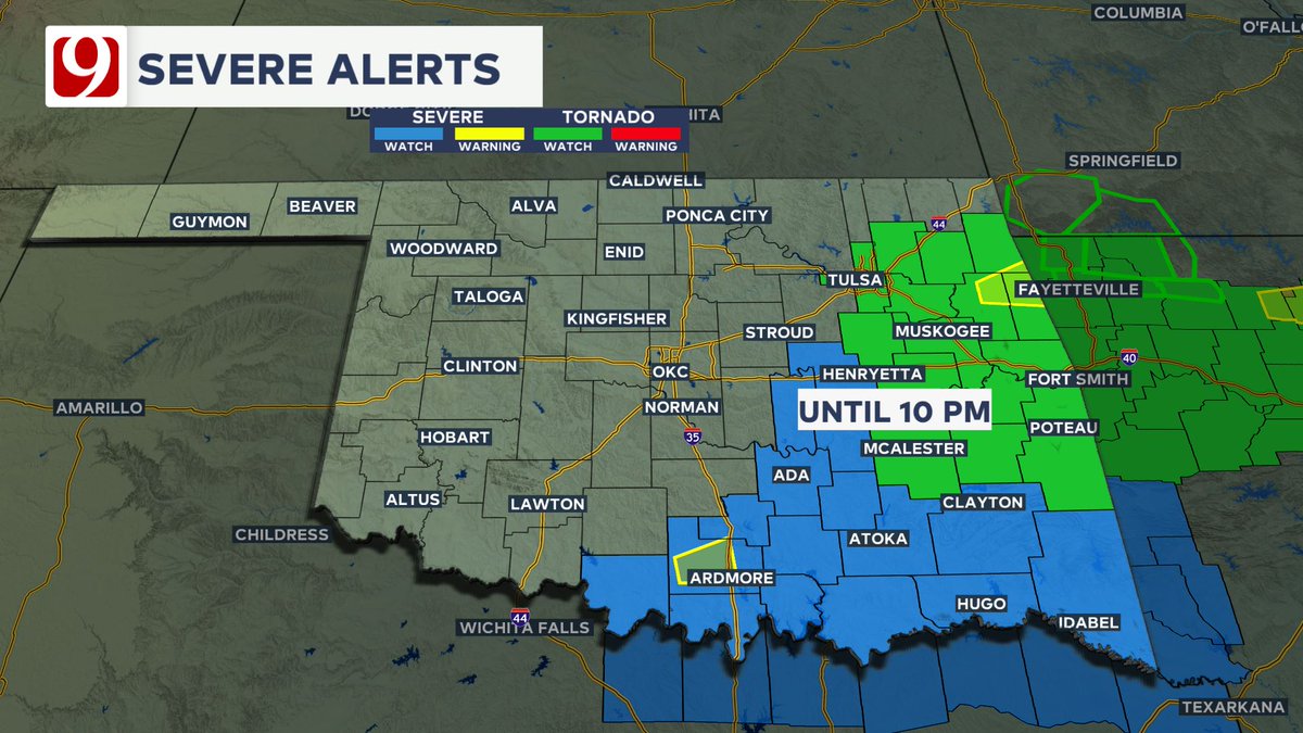 Severe Thunderstorm Watch for the counties in blue until 10 PM including Seminole, Hughes, and Murray counties. Tornado Watch in eastern Oklahoma also in effect until 10 PM. #okwx