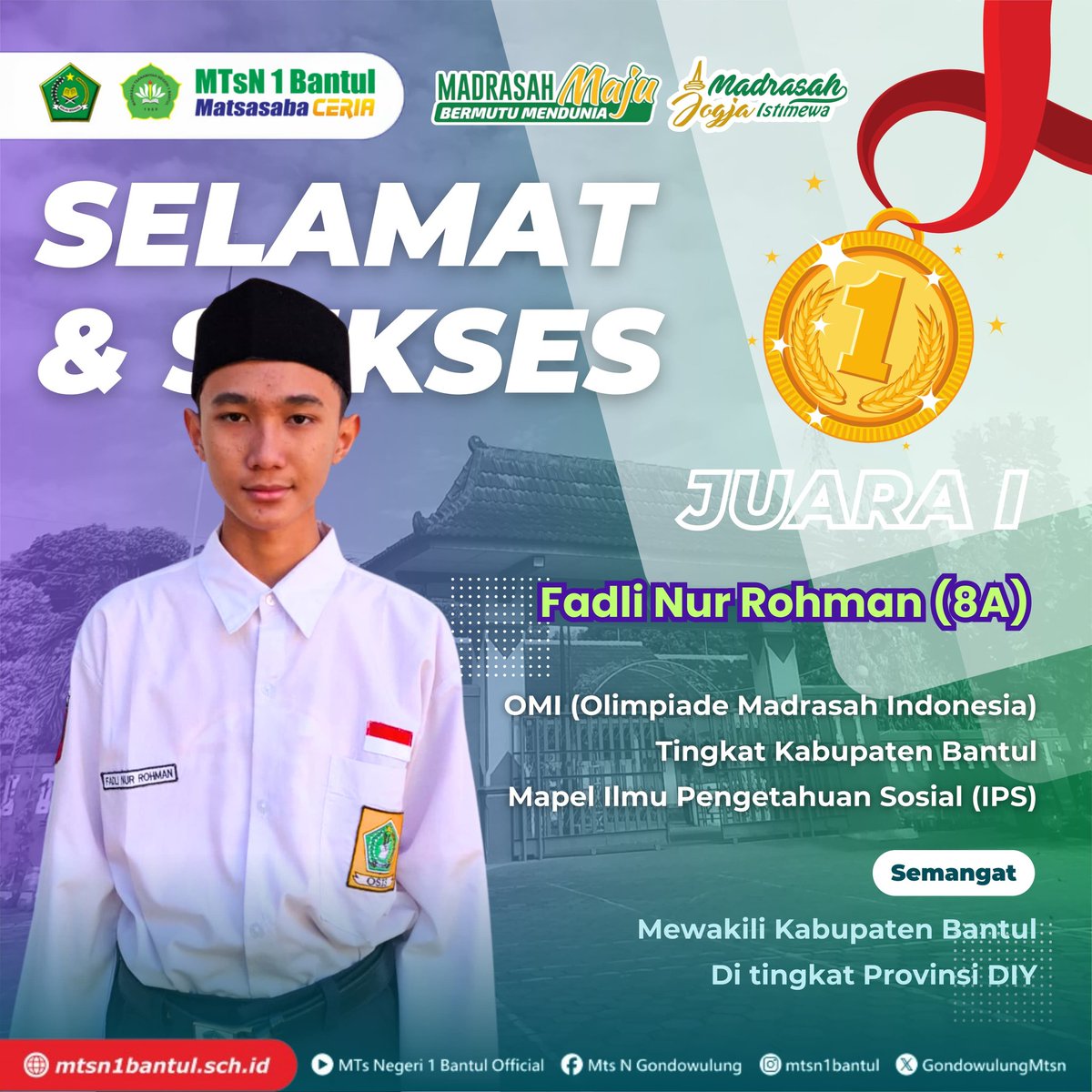 GondowulungMtsn's tweet image. Selamat dan sukses atas prestasinya dalam Olimpiade Madrasah Indonesia (OMI) tingkat Kabupaten. Tetap semangat dan fokus untuk babak selanjutnya! ✨🥳  #OMI2025 #OlimpiadeMadrasahIndonesia