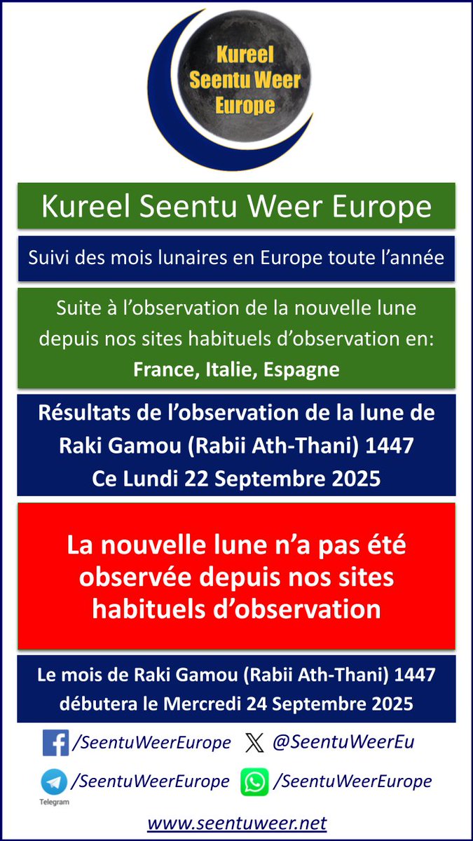Suite à l’observation de la nouvelle lune de Raki Gamou (Rabii Ath-Thani) 1447, ce Lundi 22 Septembre 2025. La nouvelle lune n’a pas été observée depuis nos sites habituels d’observation. shorturl.at/7VR4C