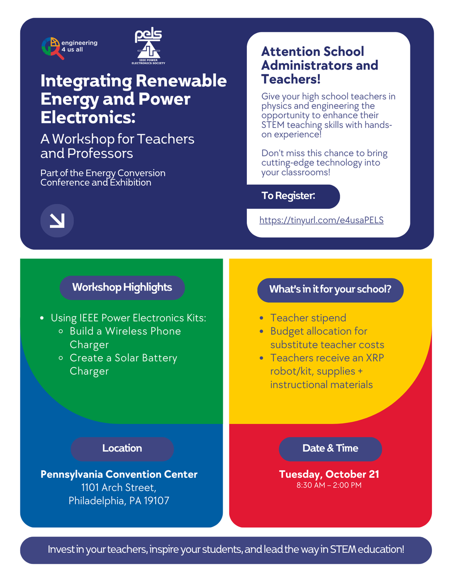 e4usa is hosting a hands-on ⚡ workshop at #IEEEECCE25!

Immersive Workshop for educators
Teacher stipend + materials kit
 Sub funding available

📍 Philadelphia | Oct 21 &amp; 22
 Don’t miss out – sign up now!
 🔗 forms.gle/3fEhw9rhAECpNh…