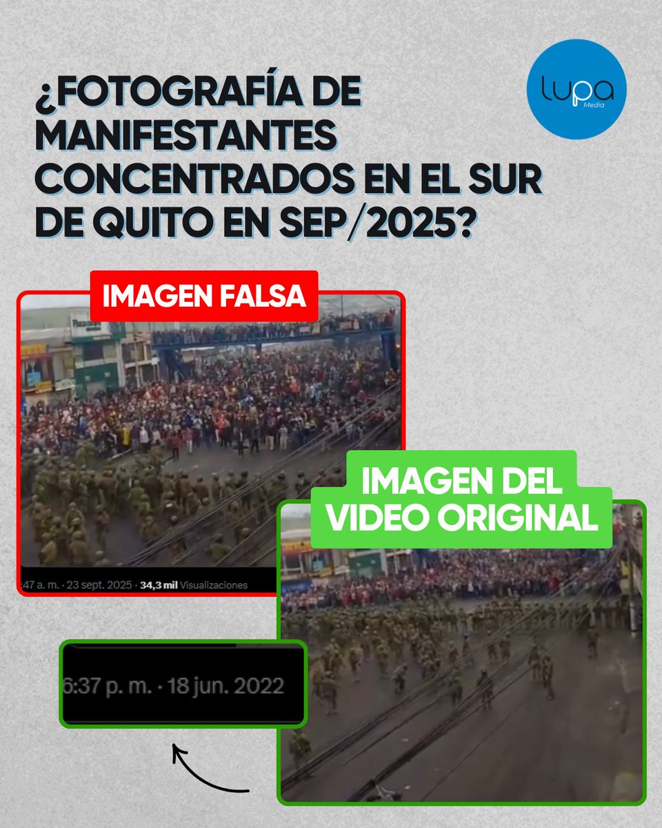 4️⃣ FALSO | 🔴“Fotografía de manifestantes concentrados en el sur de Quito en sep/2025”

La fotografía difundida como si fuera parte de las protestas actuales en Quito no corresponde a septiembre de 2025. En realidad, proviene de las manifestaciones indígenas de junio de 2022.

El