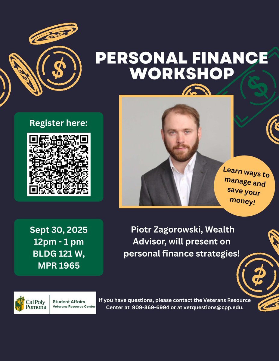 veterans_cpp's tweet image. Are you interested in learning more about how to manage and invest your money? Come to the VRC&apos;s Personal Finance Workshop led by Piotr Zagorowski, Wealth Advisor. Register with the link in our bio or scan the QR code!