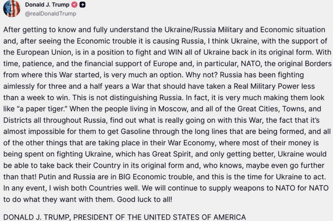 The president now believes Ukraine can win the war against Russia. 
 
I appreciate this shift, but Trump has to turn those words into action. We need sanctions, aid, and accountability.