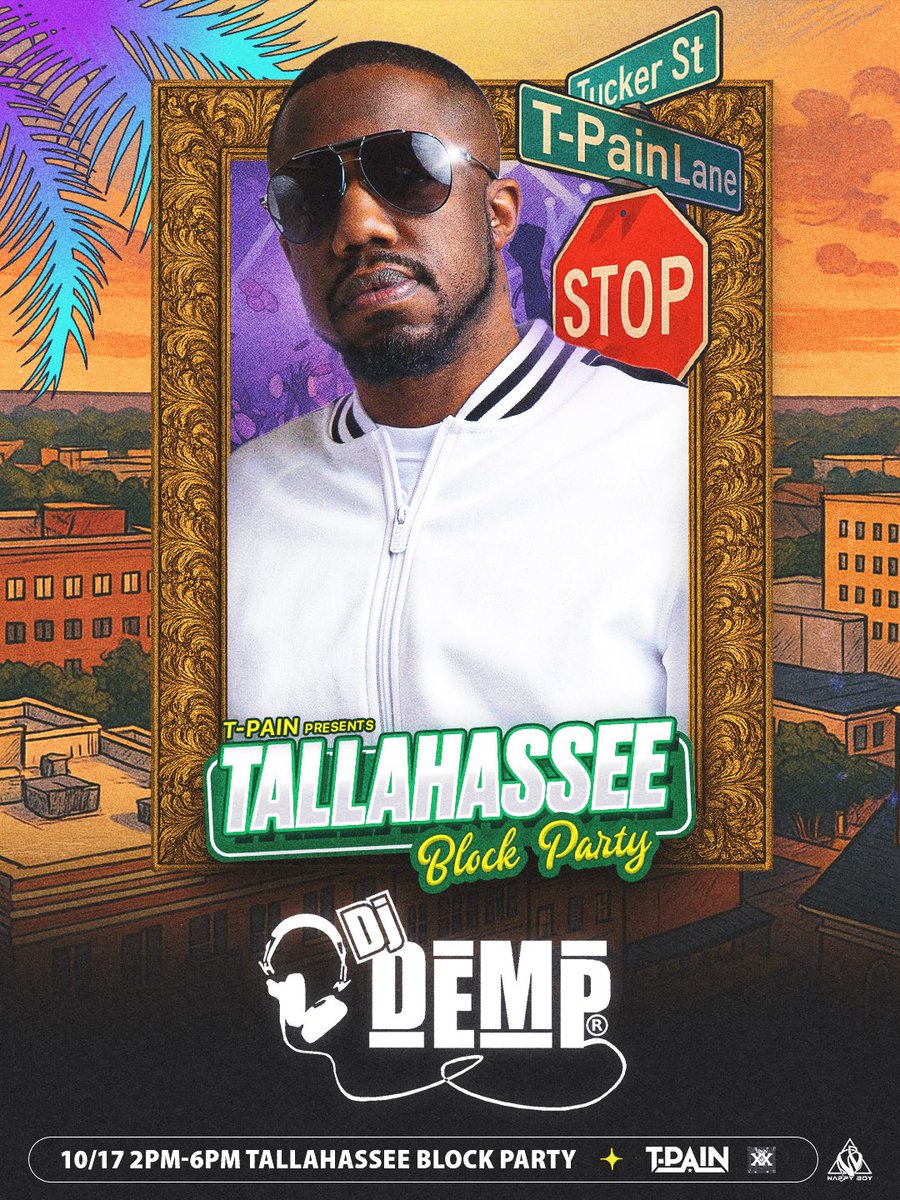 The soundscape of T-Pain’s Tallahassee Block Party will be laid out by another local legend 🔥 We are proud to announce that <a href="/DJDEMP/">DJ DEMP</a> will be one of the official DJs for the day 🎉