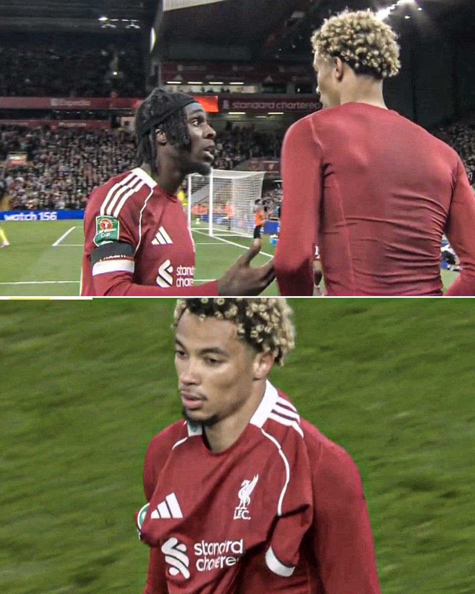 Jeremie Frimpong to Hugo Ekitike just before he received a second yellow for his goal celebration vs. Southampton 😅