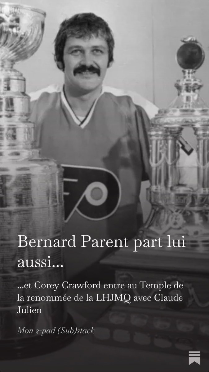 De retour sur mon 2-pad (Sub)stack pour écrire sur le décès de Bernard Parent et l’intronisation au Temple de la renommée de la LHJMQ de Corey Crawford.

open.substack.com/pub/marcbrassa…