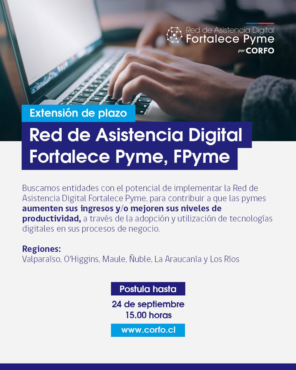 ⏰ Mañana 24/09 cierra la convocatoria para entidades que implementen la Red de Asistencia Digital Fortalece Pyme

Más información 👉 corfo.cl/sites/cpp/prog…