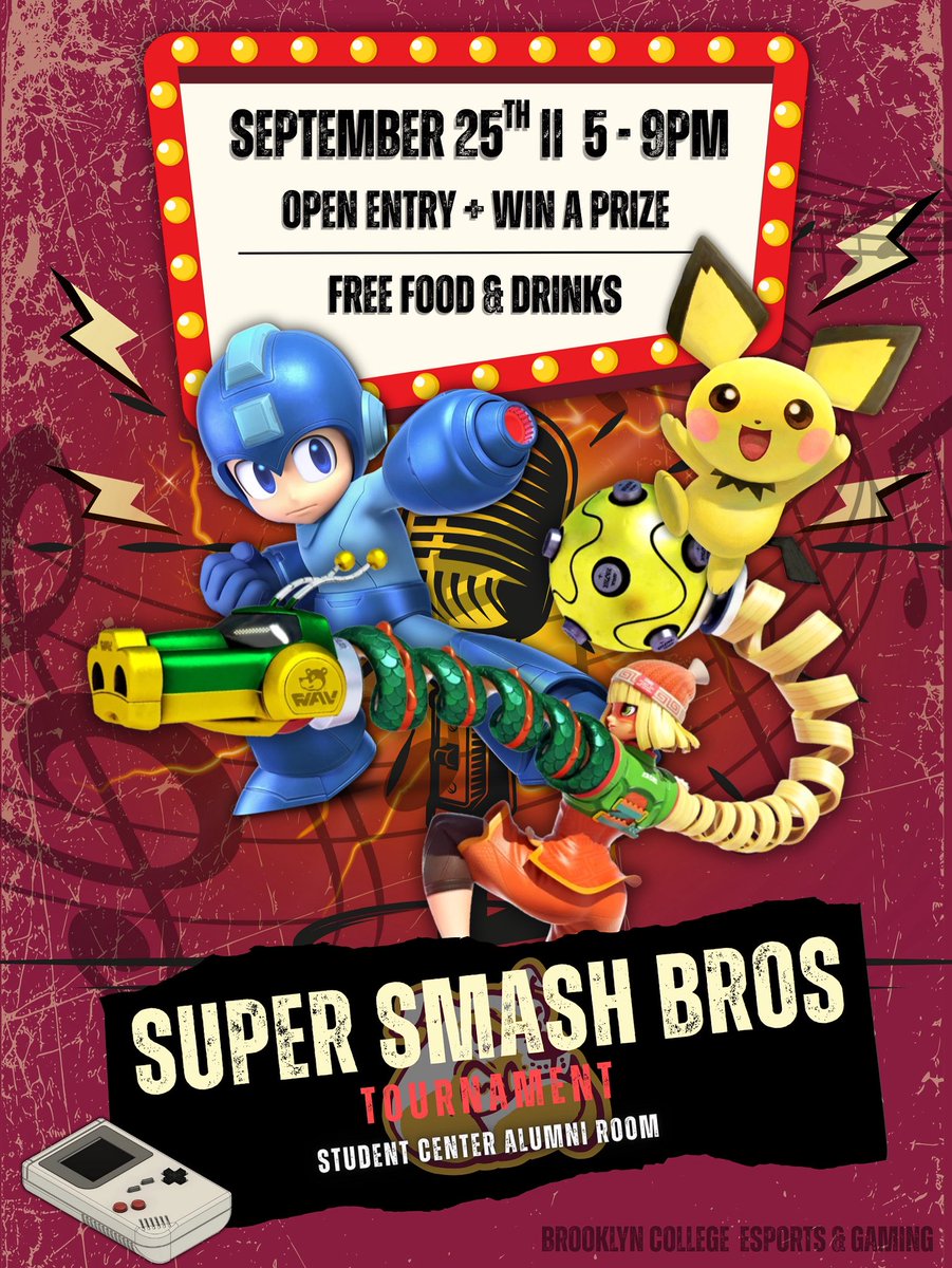 ‼️SMASH TOURNAMENT‼️

Come join us at our semi annual smash tournament event happening IN-PERSON‼️ Play competitively to win prizes or play casually to meet some awesome gamers‼️

📍Location: Student Center Alumni Room (4th floor)
⏱️Time: Sep 25th 5pm - 9pm
FREE FOOD + RED BULL‼️