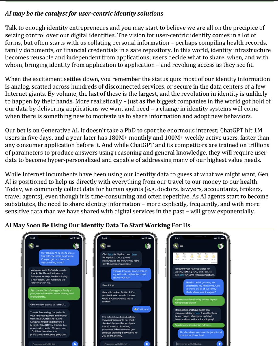 이미지 설명: Micky Malka의 투자자 편지 일부 캡처, AI와 사용자 중심 신원 솔루션에 대해