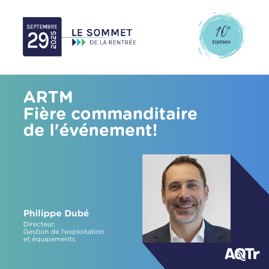 L’ARTM est fière de soutenir le 10e Sommet de la Rentrée de l’<a href="/AQTransports/">AQTr</a>, un lieu d’échanges et d’innovation pour la mobilité durable depuis 60 ans. 🚍
Notre dir. Philippe Dubé participera à un panel sur la collaboration en situation exceptionnelle. 👉 bit.ly/44NLguG