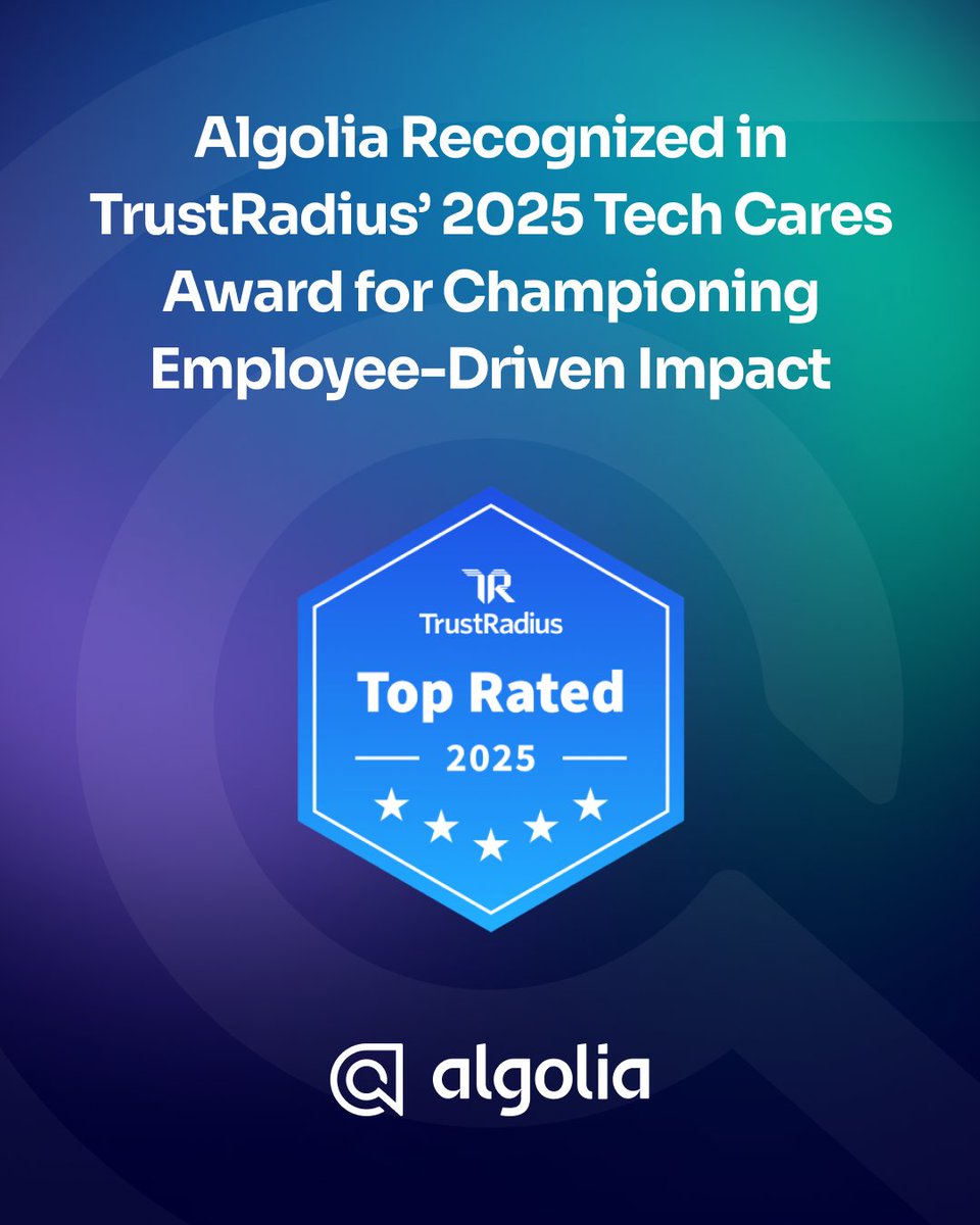 algolia's tweet image. 🏆✨ Algolia has been named a winner of the 2025 #TechCares Award by @trustradius for our employee-driven impact + community engagement! 💙

Our team made this possible by supporting 44 nonprofits worldwide, giving back through @PledgeOne, and using volunteer days to champion…