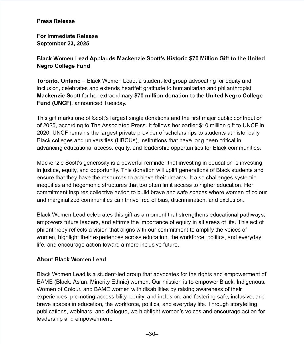 blackwomenleads's tweet image. Grateful to humanitarian and philanthropist Mackenzie Scott for her $70M gift to @UNCF 🎓✨ A powerful step toward equity, justice &amp;amp; opportunity—creating brave &amp;amp; safe spaces for future leaders to thrive. 💜 #EquityForAll #LeadershipMatters #CollegeStudent #University #Disability