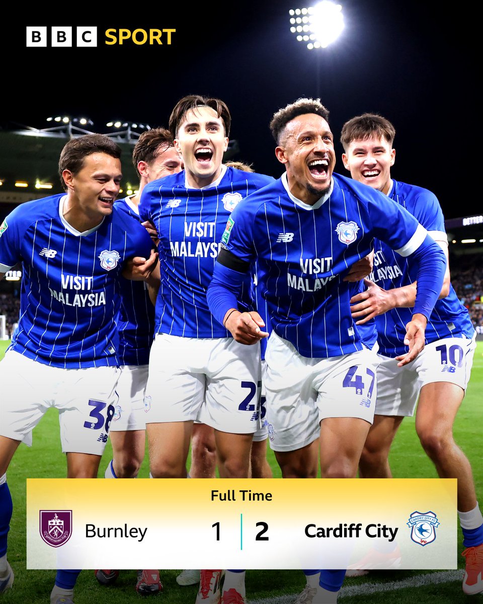BBC Sport Wales (@bbcsportwales) on Twitter photo League One Cardiff City have knocked Premier League side Burnley out of the League Cup after winning 2-1 at Turf Moor ๐ฅ
First-half goals from Joel Colwill and Callum Robinson see the Bluebirds reach the fourth round for the first time since losing the 2012 final to Liverpool โฝ League One Cardiff City have knocked Premier League side Burnley out of the League Cup after winning 2-1 at Turf Moor ๐ฅ
First-half goals from Joel Colwill and Callum Robinson see the Bluebirds reach the fourth round for the first time since losing the 2012 final to Liverpool โฝ