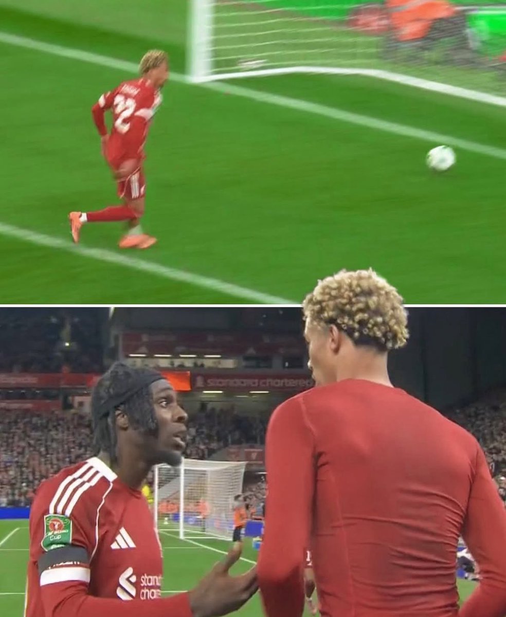 Hugo Ekitike, already on a yellow card, was shown a second yellow and sent off after taking his shirt off while celebrating his goal 🟥

Jeremie Frimpong was left in disbelief at the decision 😅