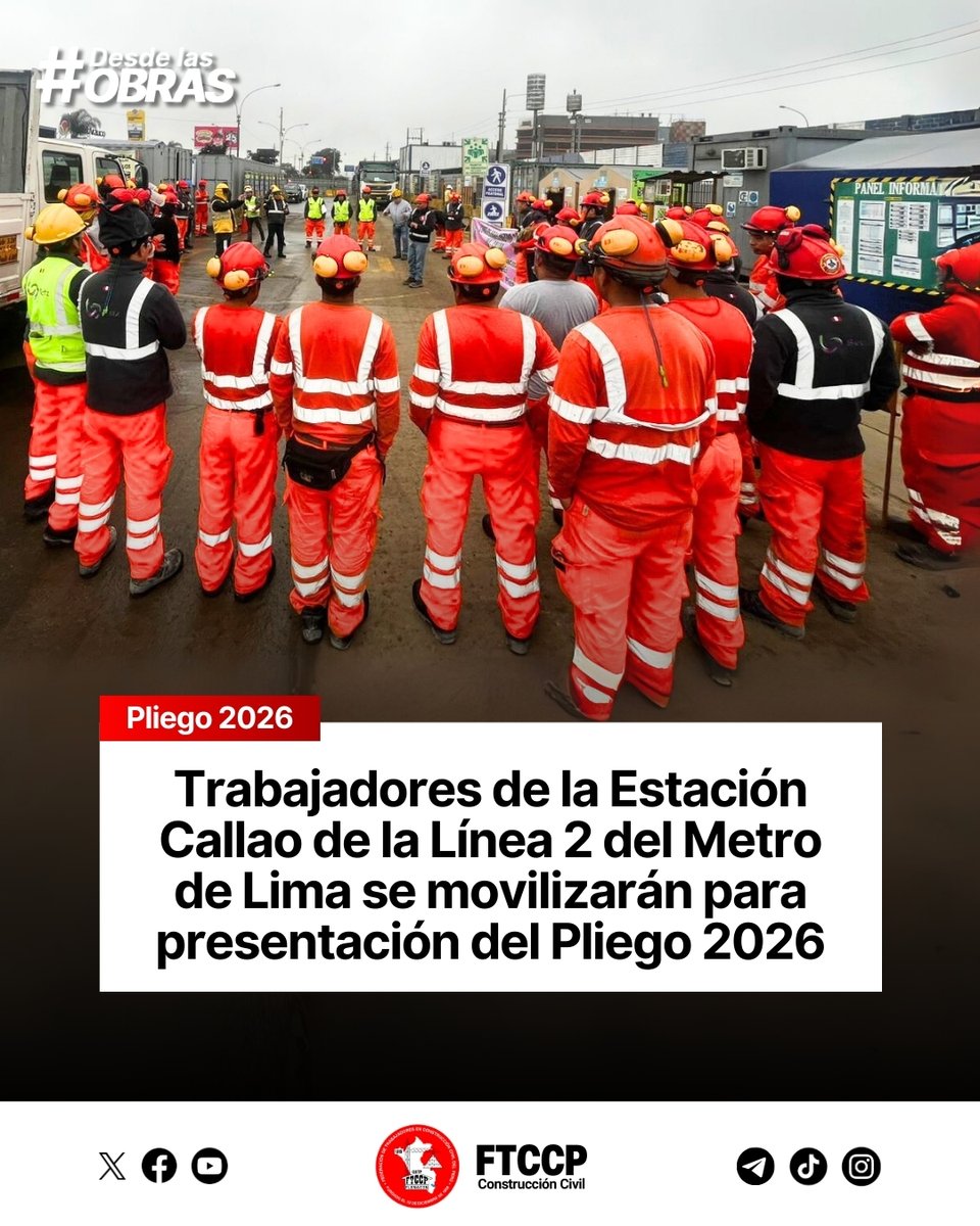El Secretariado Ejecutivo de la FTCCP visitó la obra de la Estación Callao de la Línea 2 del Metro de Lima, en el marco de la movilización nacional del 2 de octubre para la presentación del Pliego Nacional de Reclamos en Construcción Civil 2026.

En representación de la FTCCP, el