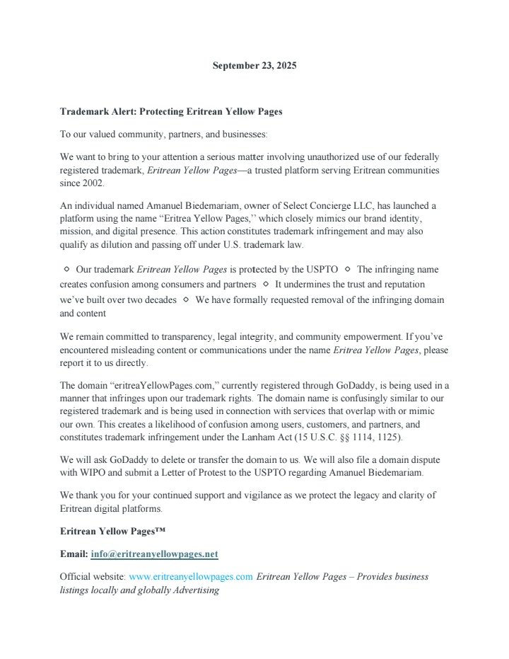 eypages's tweet image. Trademark Protecting Eritrean Yellow Pages 
Official website: eritreanyellowpages.com Eritrean Yellow Pages – Provides business listings locally and globally Advertising 

#TrademarkProtection #EritreanYellowPages #CommunityIntegrity #LegalEmpowerment #StopPassingOff