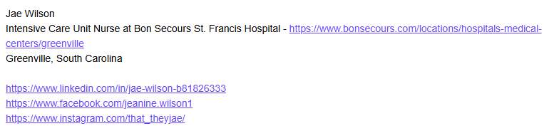 Jae Wilson is an intensive care unit nurse at Bon Secours St. Francis Hospital in Greenville, South Carolina. She was overjoyed at Charlie Kirk's death. Contact the hospital at 864-255-1000 or 864-675-4000 to ask about Jae's posts and if it's safe to have a nurse like her there.