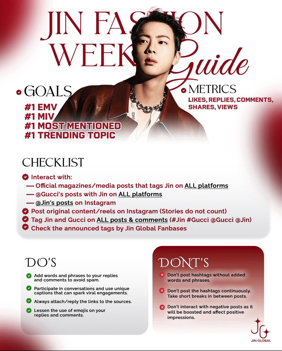 Milan Fashion Week is not over yet , our goal is to make Jin and Gucci the most talked about celebrity and brand during the Milan Fashion Week . September 23-29. Please don’t stop posting and reposting .

GUCCI ROYALTY JIN
#JinxGucci #Jin #MFW
#GucciLaFamiglia <a href="/gucci/">gucci</a>