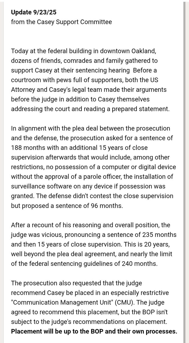 They sentenced Casey to 20 fucking years over alleged property destruction. Fuck every courthouse, every prosecutor and every fucking judge who spends each and every day sending people to cages.