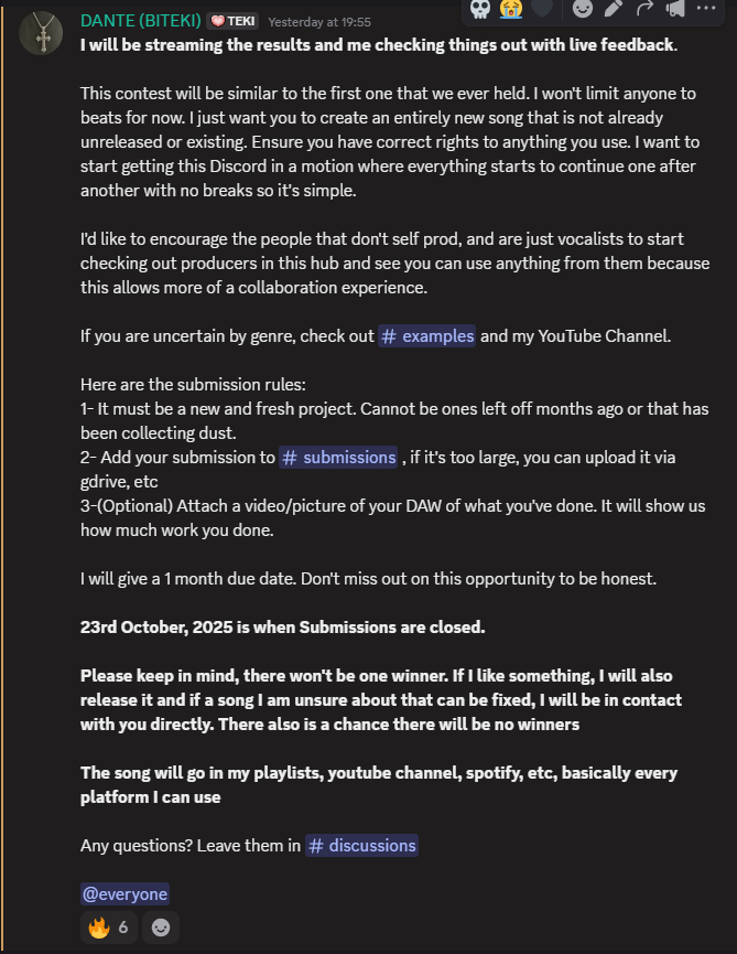 bitekivibes's tweet image. The new contest has started, share it around with your artist friends and producer friends as there is two contests running concurrently.

Join here:
discord.gg/XtmfAffYr6