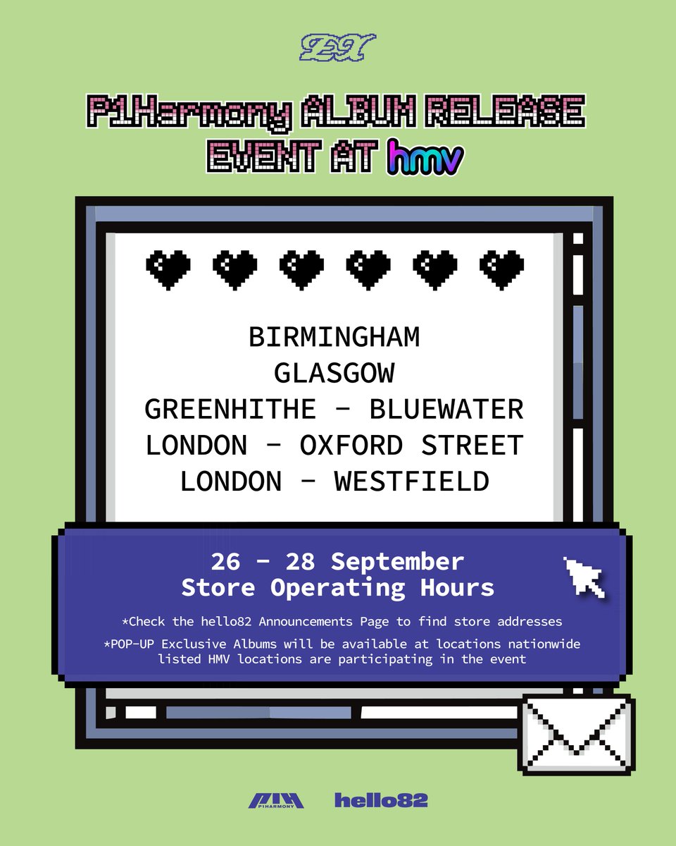 Insert coin for the ultimate P1Harmony drop! 🪙

Find these P1Harmony 'EX' Exclusive Albums at HMV! 
🕹️ SIGNED 
🕹️ hello82 Exclusive 
🕹️ POP-UP Exclusive 
🕹️ Vinyl Exclusive

Find participating HMV addresses here ⬇️
🔗 bit.ly/46s4TsS

<a href="/P1H_official/">P1Harmony official</a>
#P1Harmony #피원하모니