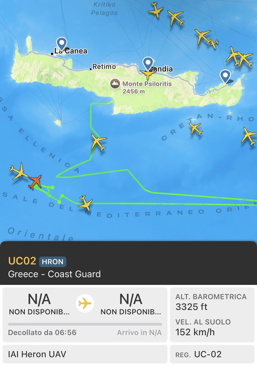 Emergenza24's tweet image. ADESSO [24.09] #Creta un drone di sorveglianza greco IAI Heron UAV in perlustrazione sulle imbarcazioni di #flottilla dopo segnalazione di attacchi mirati