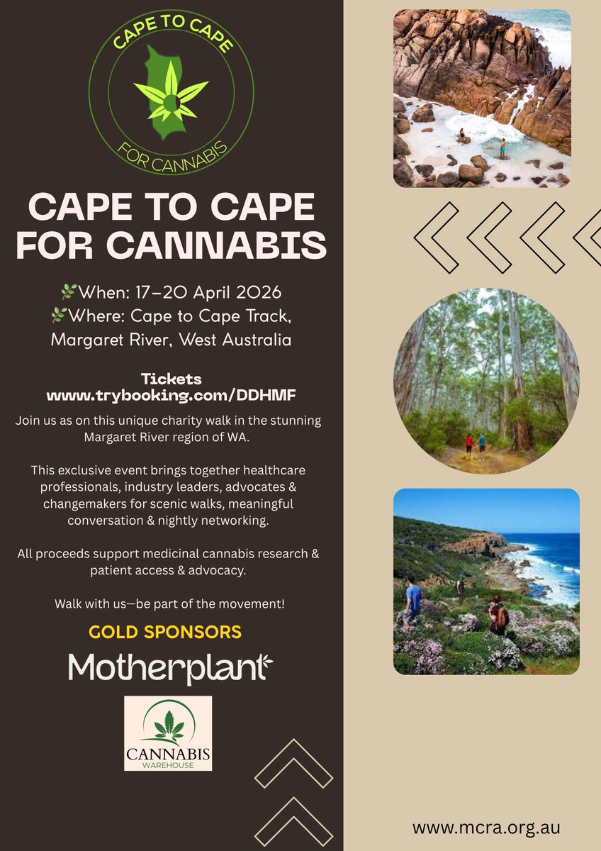 Coastal hikes, cannabis advocacy &amp; a killer 420 party?
Yep — it's happening.
🌿 Cape to Cape for Cannabis 2026
📍 Margaret River | 📅 April 17–20
🎟️ trybooking.com/DDHMF

#CapeToCapeForCannabis #MedicinalCannabis #420Australia #WalkWithPurpose