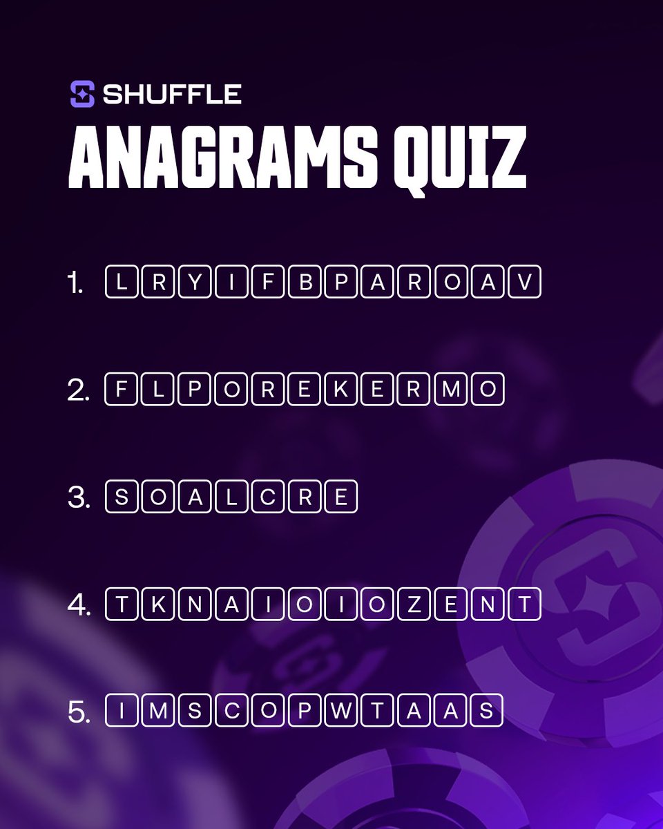 Hello. 

Your shot at $100 USD 💵 

To enter: 
💜 Follow <a href="/shufflecom/">Shuffle.com</a> 
💜 RT this &amp; drop all 5 answers below 

2x winners chosen @ random. GL