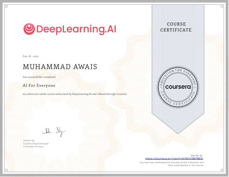 Muhamma45962971's tweet image. Just completed the &apos;AI for Everyone&apos; course by @AndrewNg! 🤖💡 Learned so much about AI basics, applications, and future trends. Ready to dive deeper into the world of AI! 
#AIForEveryone #ArtificialIntelligence #MachineLearning #Coursera
#YentertainAwards2025