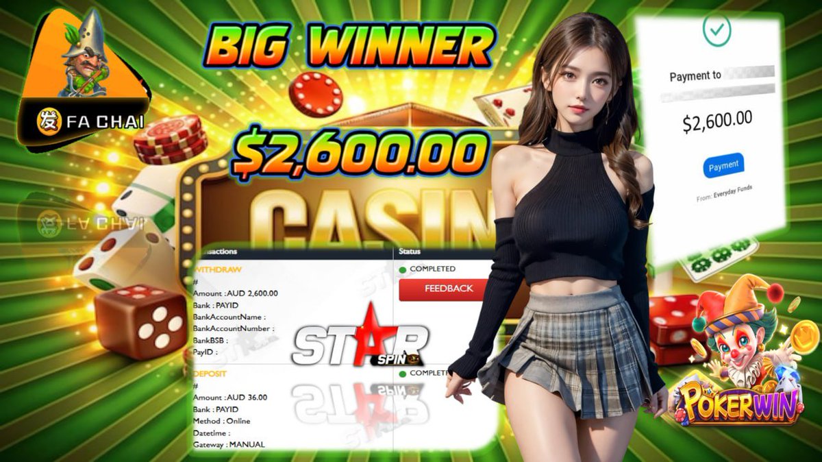 ✨ StarSpin996 – Australia’s #1 E-Wallet Platform! 🇦🇺
🌟 Congratulations to our Lucky Star! 🌟
🔥 Another big win from our trusted platform!
🎮 Platform: FA CHAI
🎰 Winning Game: POKER WIN
💰 Deposit: A$ 36.00
💵 Withdraw: A$ 2,600.00
💎 Your big break could be next!💎