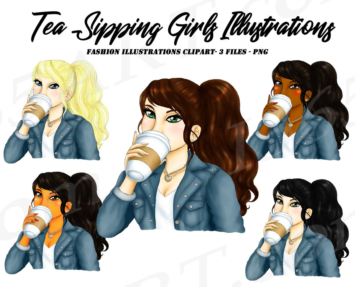 Springtime Latte Girls Denim Fashion Clipart Digital Download by I365art  🌺 buff.ly/J42TmvE