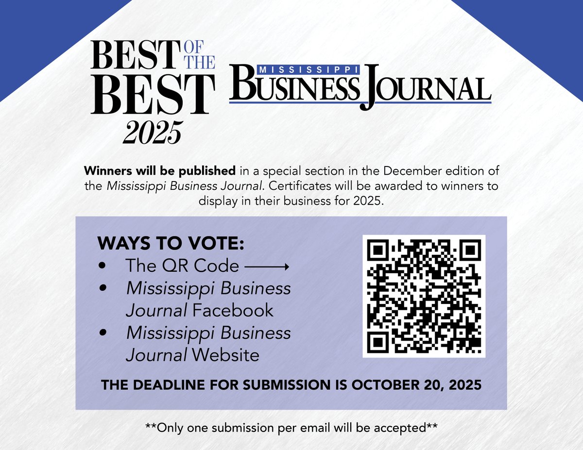 IT'S TIME TO VOTE FOR THE 2025 BEST OF THE BEST!!

Click Here: form.jotform.com/252534706714154

#mississippibusinessjournal #MBJ #bestofthebest2025 #Mississippi #votenow