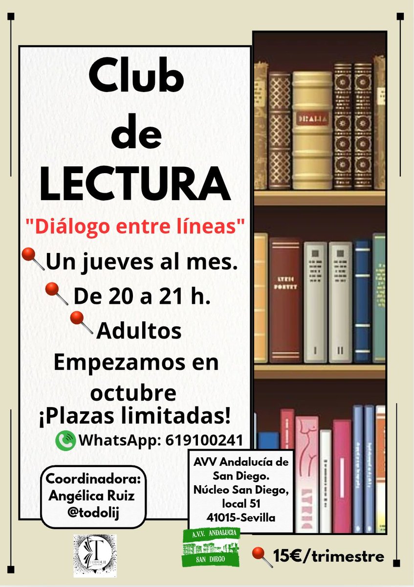 Club de lectura para adultos en Asociación San Diego (41015-Sevilla). Plazas limitadas <a href="/AVVSanDiego/">A.V.V.ANDALUCIA de San Diego</a> <a href="/Ayto_Sevilla/">Ayuntamiento de Sevilla</a> <a href="/diariosevilla/">Diario de Sevilla</a> <a href="/LibreriasCEGAL/">CEGAL</a> <a href="/CulturaSevillaC/">Cultura Sevilla Ciud</a> #clubdelectura #libros #pinomontano #Cultura #sevilla #bookclub #booktoker #lectura #sevillalee