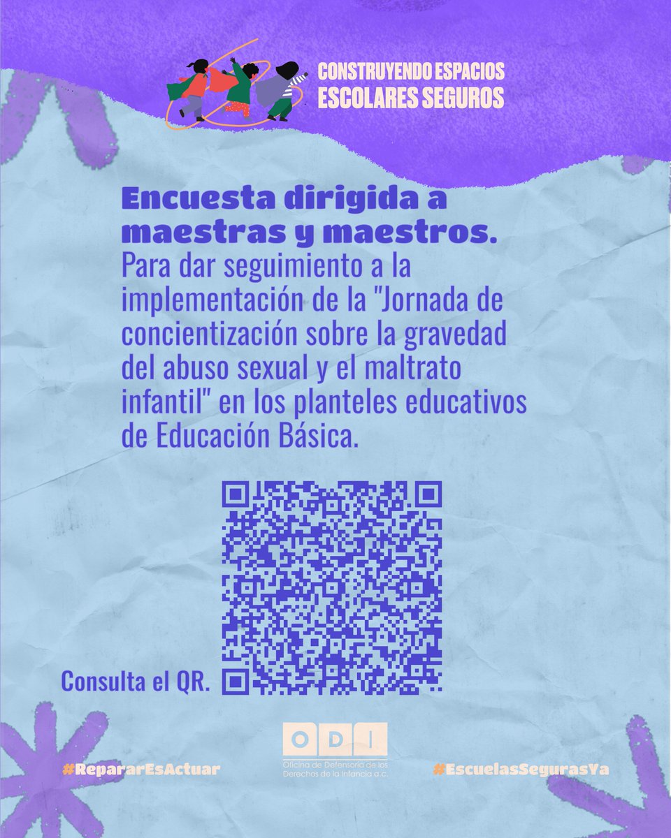📚¿En tu escuela se llevó a cabo la Jornada de concientización sobre la gravedad del abus0 s3xual y maltr4t0 infantil?

Invitamos a personal docente a contestar esta encuesta para dar seguimiento a su implementación: bit.ly/46zqGQw

#ConstruyendoEspaciosEscolaresSeguros