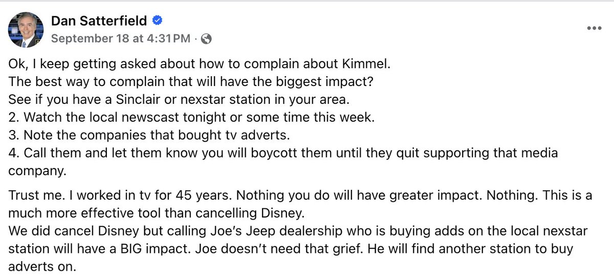 13WJM's tweet image. There's an old adage:  "All politics is local."

Seems apt right now, in this era of mega-corporations like Disney, Sinclair &amp;amp; Nexstar.

Forget Disney, they fucked up, they know it.

But #Sinclair &amp;amp; #Nexstar can be hit at the local level.

Hit hard.
#1stAmendment
#KimmelIsBack
