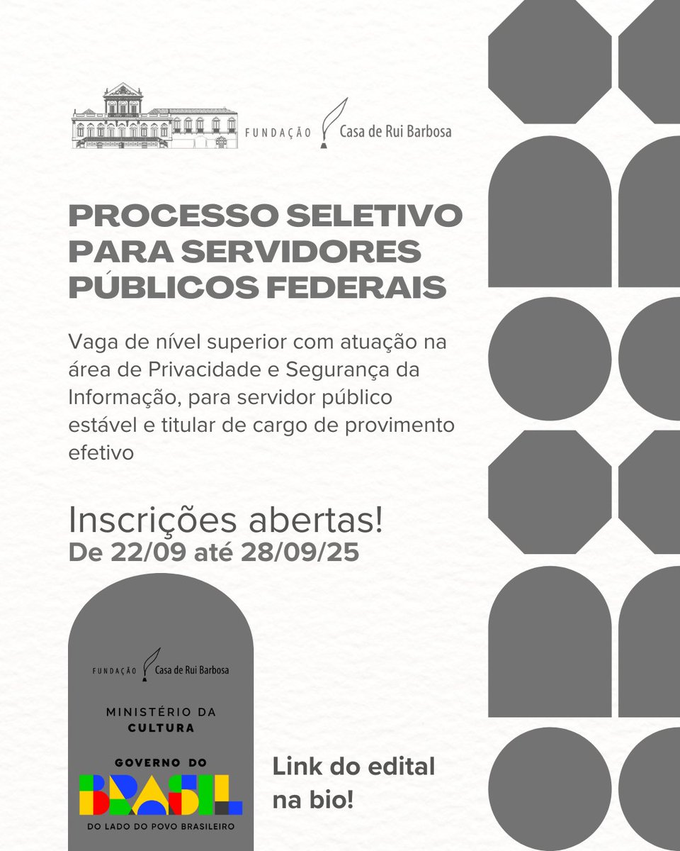 📢Processo seletivo simplificado aberto para servidores públicos com atuação na área de Privacidade e Segurança da Informação. Inscrições pelo Sou.Gov
Confira o edital: gov.br/casaruibarbosa…