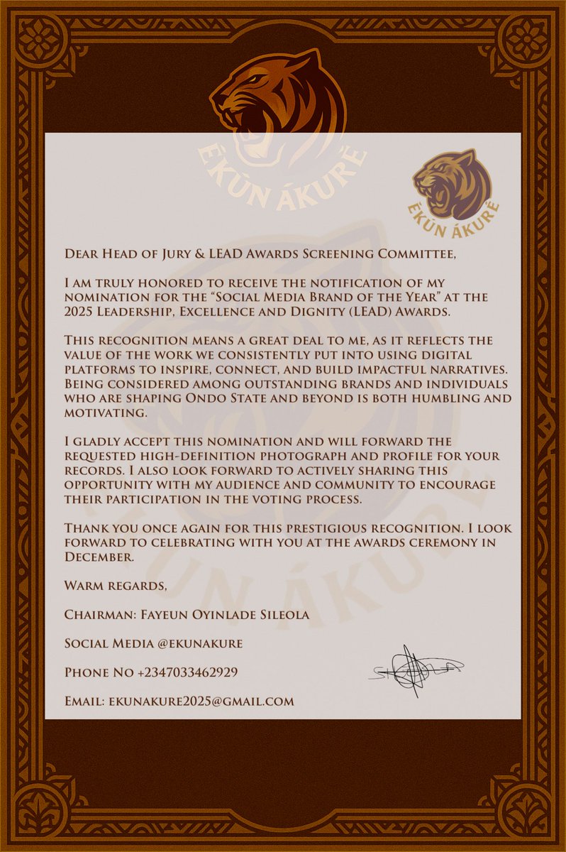 Recognition refills the drive 💯. Big thanks to Lead Awards for this honor. Being Recognized feels like a Win already. This one’s special ✨✨. #omoowaomoekun #tiger #youth #movement #award. 🐅🐅