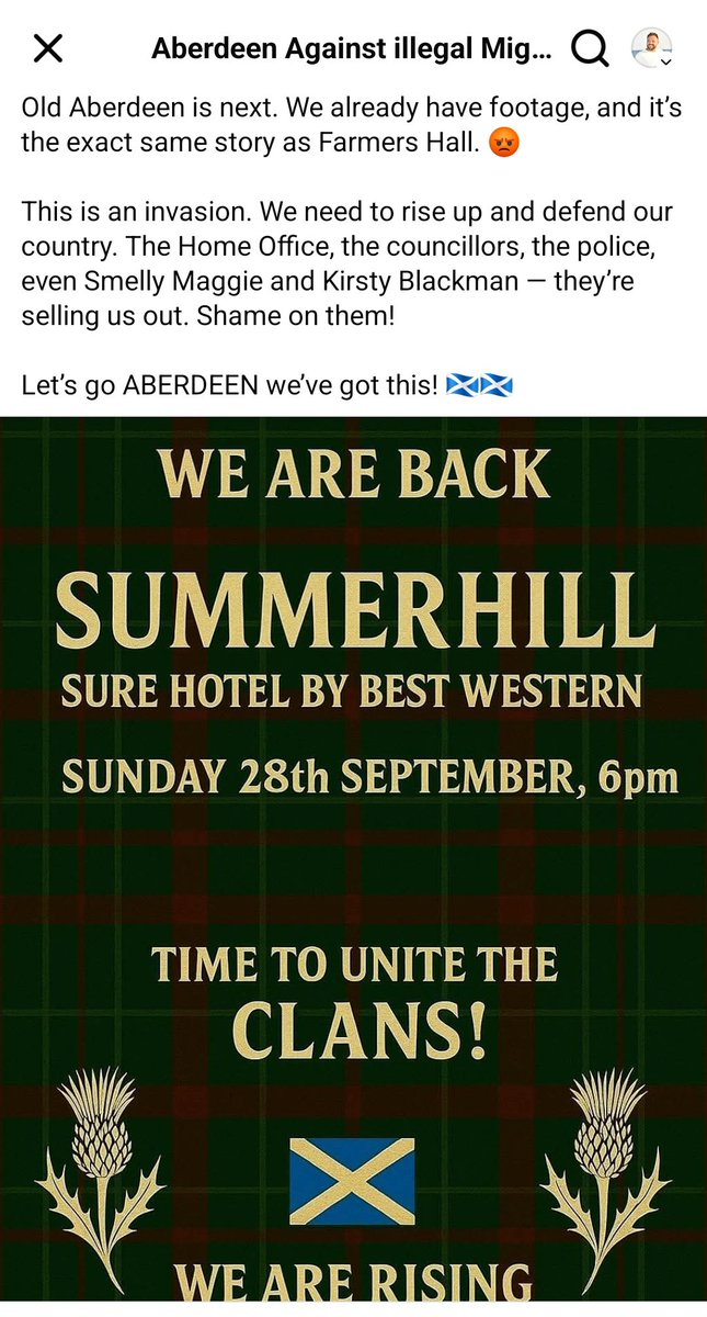 J.A. Fernie (@j_a_fernie) on Twitter photo Sure Hotel, Lang Stracht, Aberdeen
Sunday @ 6pm
Come and stand with us, stand with our people, as we stand for our homeland
The choice is simple...
Remigration or replacement
<a href="/_John_Carr/">John</a> <a href="/AAIM2025/">AAIM</a> <a href="/RightWing_Brit/">Steven Rennie</a> <a href="/FilesTartan/">Fr. Geoffrey Farquharson</a> Sure Hotel, Lang Stracht, Aberdeen
Sunday @ 6pm
Come and stand with us, stand with our people, as we stand for our homeland
The choice is simple...
Remigration or replacement
<a href="/_John_Carr/">John</a> <a href="/AAIM2025/">AAIM</a> <a href="/RightWing_Brit/">Steven Rennie</a> <a href="/FilesTartan/">Fr. Geoffrey Farquharson</a>