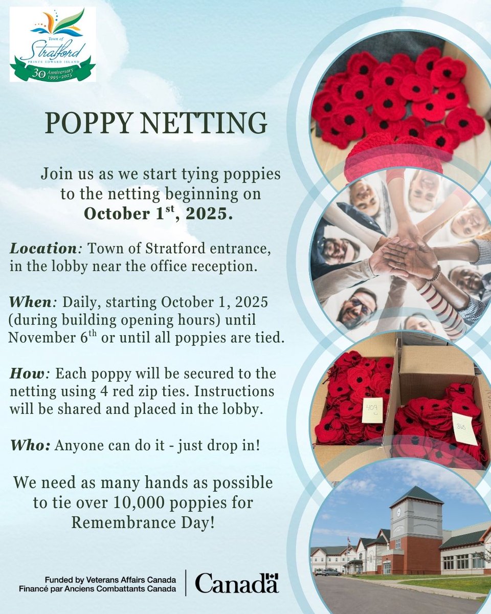 StratfordPEI's tweet image. Mark your calendars! #StratfordPEI
Starting October 1st, we'll start tying poppies to the netting. Join us daily or when you can, until all poppies are tied! Everyone is welcome; we need all the help we can get!
#PoppyProject