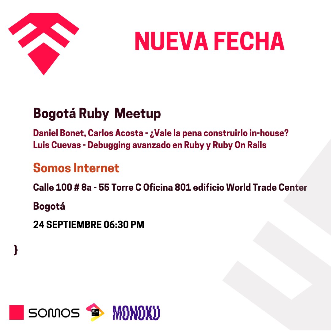 Nos vemos en las oficinas de Somos Internet en Bogotá Calle 100 # 8a - 55 Torre C Oficina 801 edificio World Trade Center.

Daniel Bonet y Carlos Acosta de SOMOS INTERNET y  Luis Cuevas compartiran su conocimiento con nosotros

Meetup --> bit.ly/4nfLand