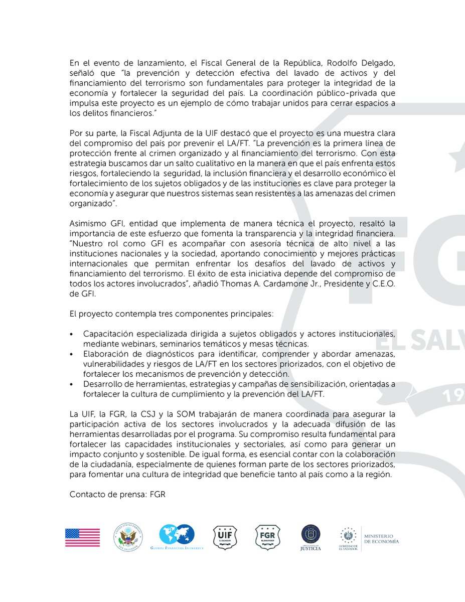 FGR_SV's tweet photo. Comunicado de prensa:
"Programa de capacitación y fortalecimiento en medidas AML/CFT para supervisores y supervisados en El Salvador". https://t.co/sAA81PXjAo