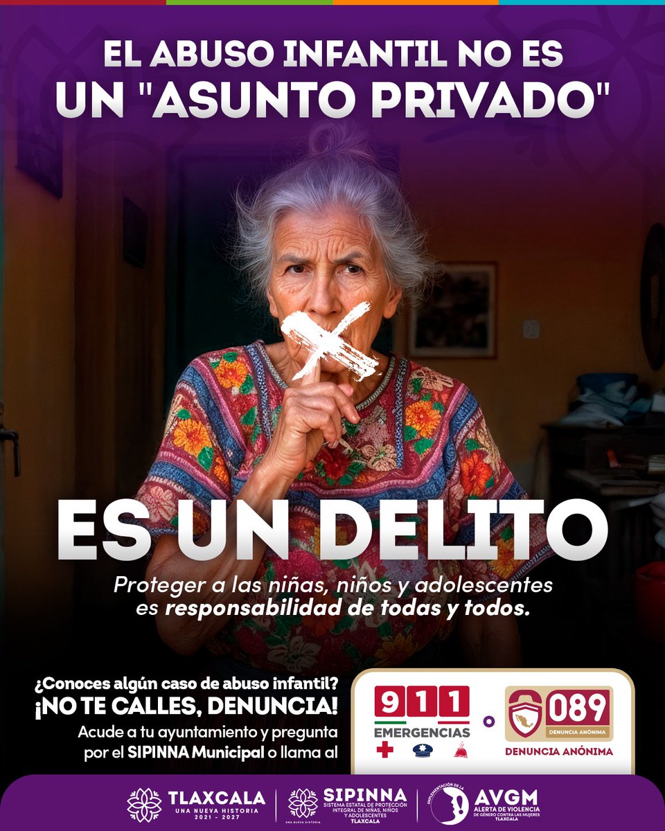 ✨ ¡No te calles, denuncia!

🛑 El abuso infantil no es un asunto privado, es un delito.

🛑 Si conoces algún caso acude a tu ayuntamiento y pregunta por el Sipinna municipal.

📱 Llama al 911 para emergencias, o denuncia anónima al 089.

#UnaNuevaHistoria ♦ #GobiernoDeTlaxcala