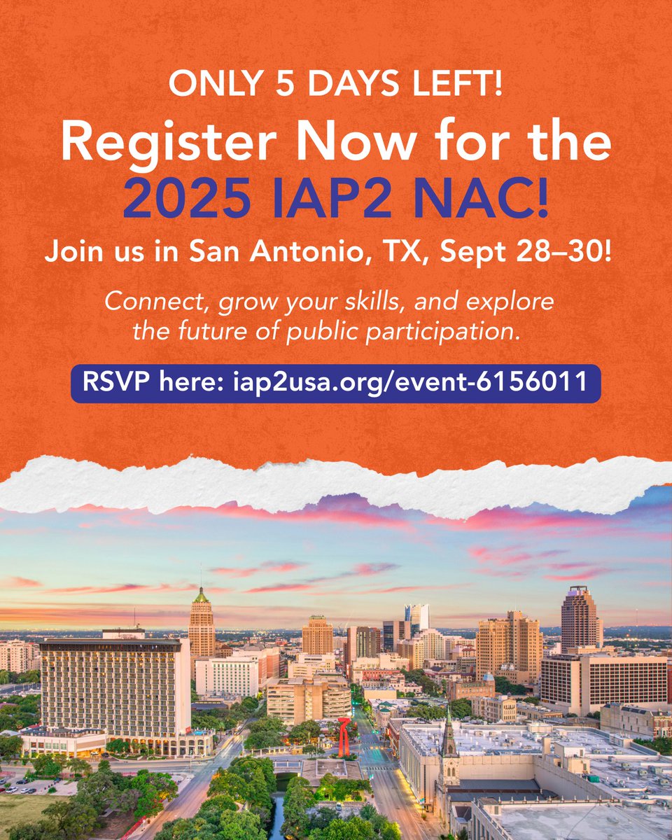 The countdown is on! We're just 5 days until the 2025 IAP2 North American Conference in San Antonio! 🎉 Haven’t secured your spot yet? There’s still time—full and one-day passes are available!

👉 RSVP here: iap2usa.org/event-6156011