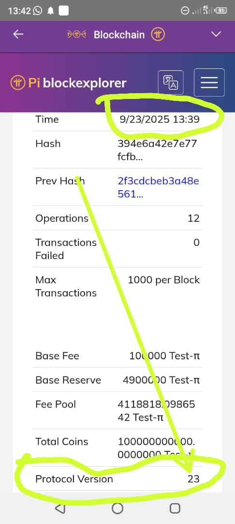 🚀 Pi Blockchain Update – Mainnet Running on Protocol Version 23

📌 On Sept 23, 2025 – 13:39 (system time), the Pi Blockexplorer recorded a new block successfully validated with the following highlights:

✅ Protocol Version: 23

✅ Transactions in block: 12 (0 failed)

✅ Max