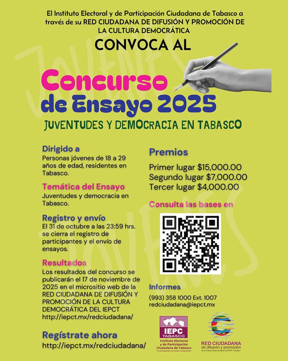 📷El #IEPCTabasco, a través de su Red Ciudadana de Difusión y Promoción de la Cultura Democrática, te invita a participar en el Concurso de Ensayo 2025: “Juventudes y Democracia en Tabasco”.
📷Consulta las bases:
📷iepct.mx/redciudadana