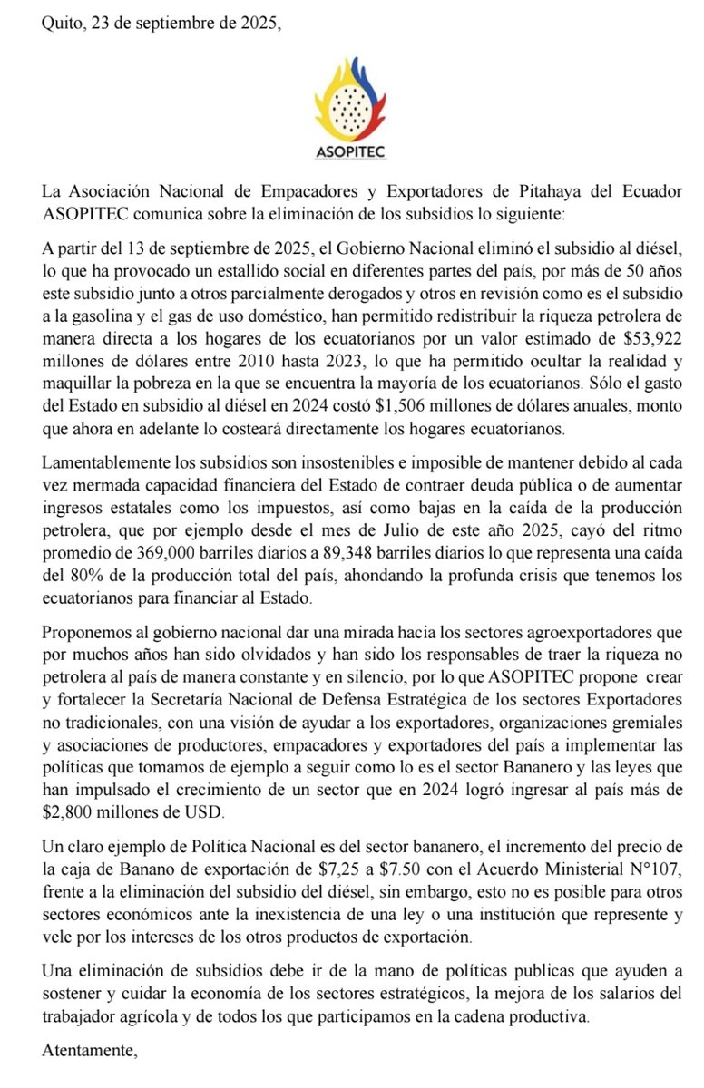 asopitec_ec's tweet image. 🛑  COMUNICADO| El sector pitahayero del Ecuador realiza el siguiente pronunciamiento frente a las nuevas medidas económicas tomadas por el presidente Daniel Noboa.
@Presidencia_Ec
@proecuadorlatam
@AsambleaNacio19
@zaidarovira
#Ecuador #subcidio #ParoNacionalEcuador