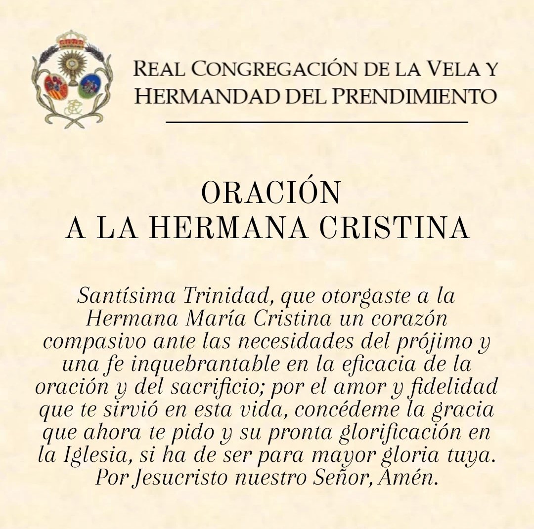 HERMANA MARÍA CRISTINA DE JESÚS SACRAMENTADO

Como cada día 24, nos unimos en oración a la familia Carmelitana con el deseo de poder venerar pronto en los altares a la Hermana María Cristina de Jesús Sacramentado.

Orar, callar y sufrir.
<a href="/HermanaMaraCri1/">Hermana María Cristina</a>