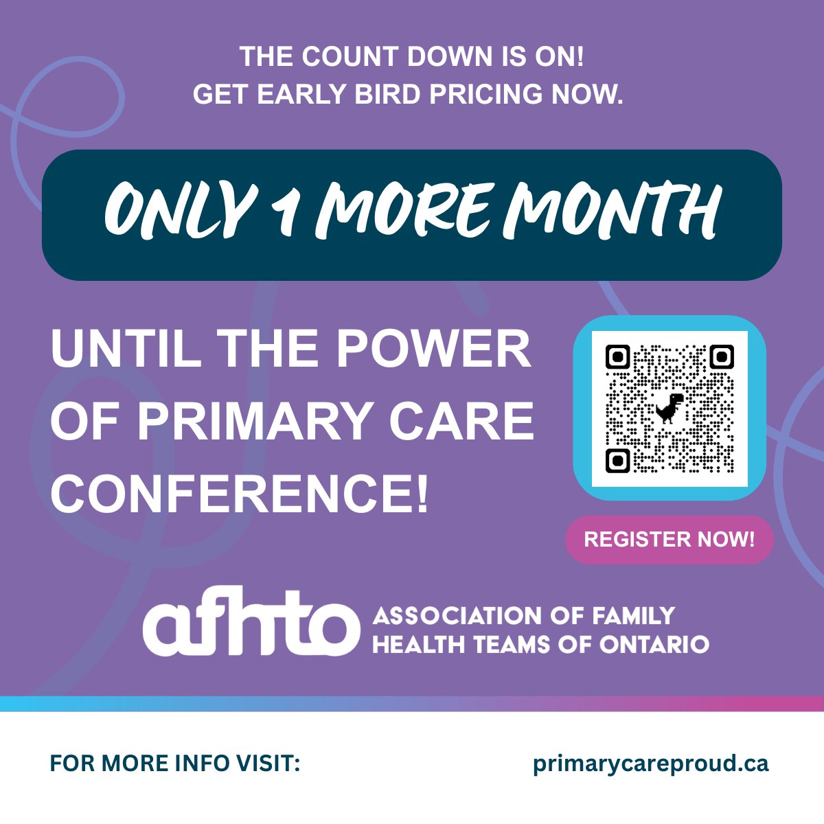 ⏰ One month to go until the #AFHTO2025 Conference! 

Register today: primarycareproud.ca

#PowerOfPrimaryCare #PrimaryCareOntario #HealthcareConference
